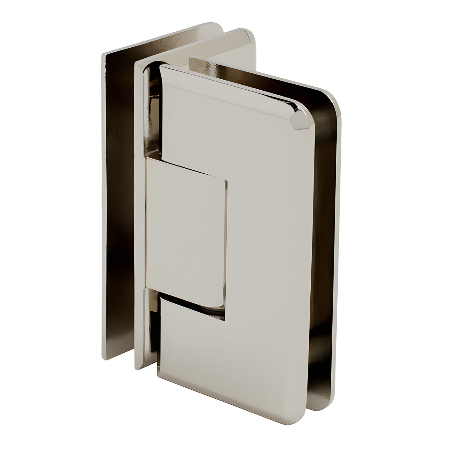Polished nickel beveled glass-to-glass shower hinge (90 ) - brass Cologne hinge SKU C0L092PN, for 3/8-1/2 glass.