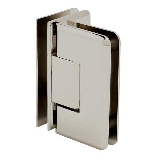 Polished nickel beveled glass-to-glass shower hinge (90 ) - brass Cologne hinge SKU C0L092PN, for 3/8-1/2 glass.