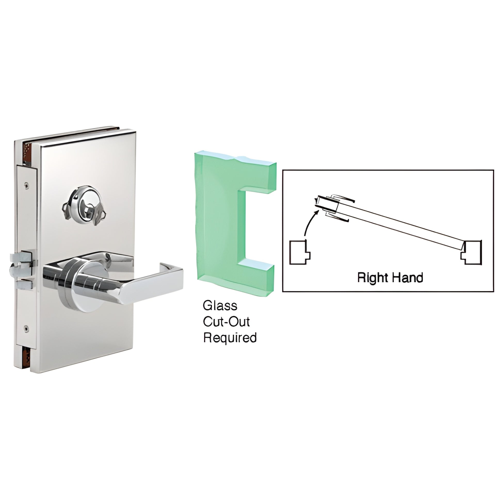 CRL DL610RMPS polished stainless center lock 6"x10" for 1/2" tempered glass, right-hand lever.