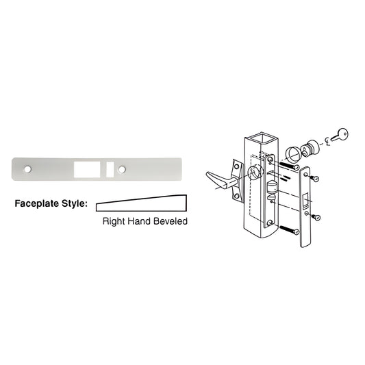 DL2145A aluminum right-hand beveled faceplate 1 x 6-7/8 in for deadlatch/deadbolt, rectangular with latch and screw holes