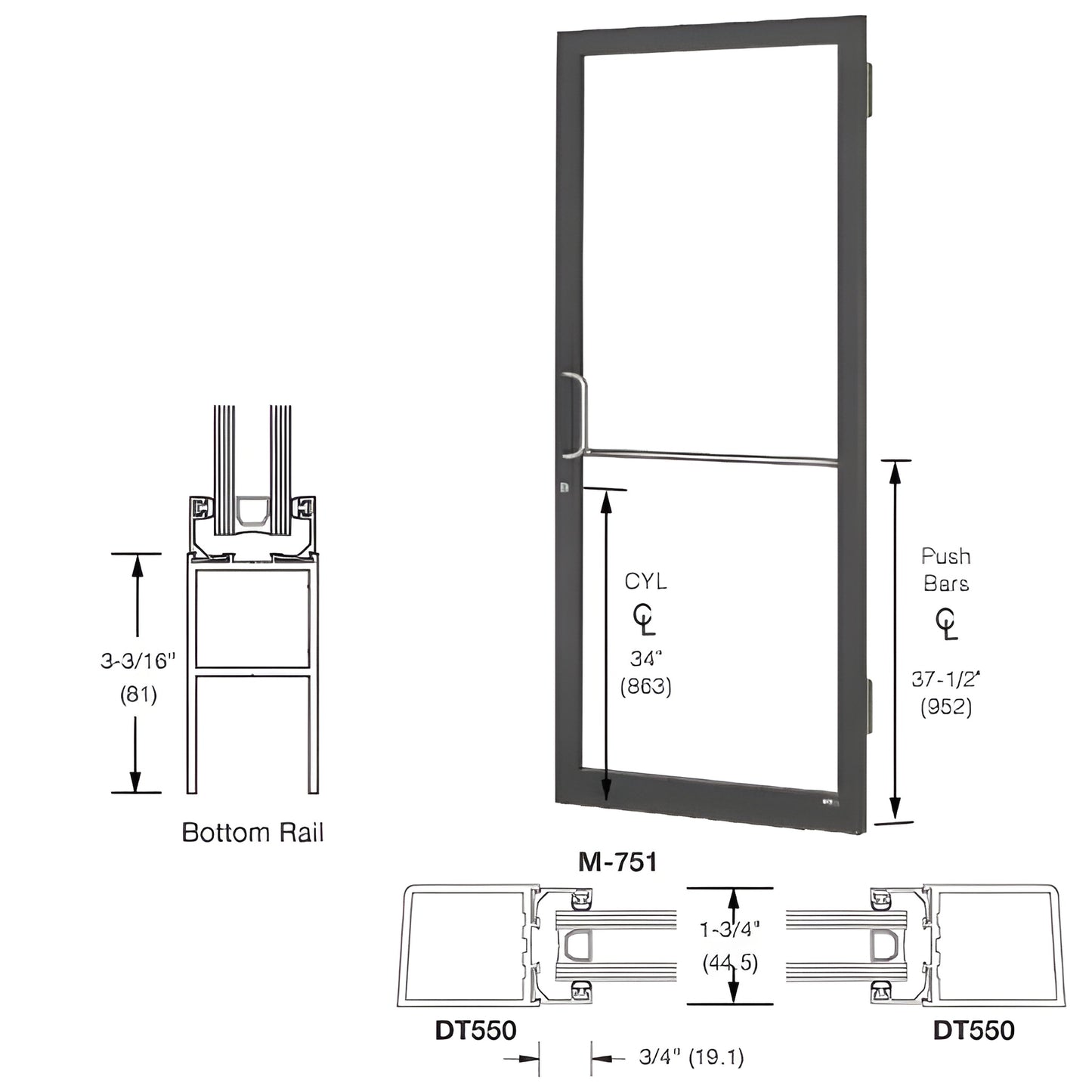 CRL Butt Hung Entrance Door (SKU LE21522L036), 250 narrow stile, black bronze anodized, push bar & offset pull, fits 1" insul
