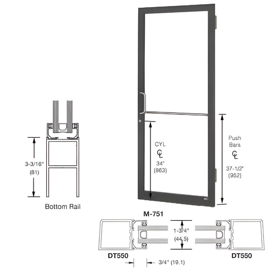 CRL Butt Hung Entrance Door (SKU LE21522L036), 250 narrow stile, black bronze anodized, push bar & offset pull, fits 1" insul