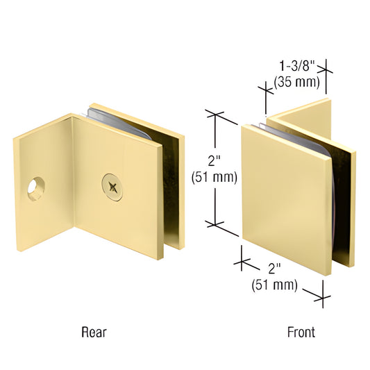 SGC037SB satin brass square glass clamp with small 90 leg for 3/8-1/2 glass, 2 x 2 wall-mount