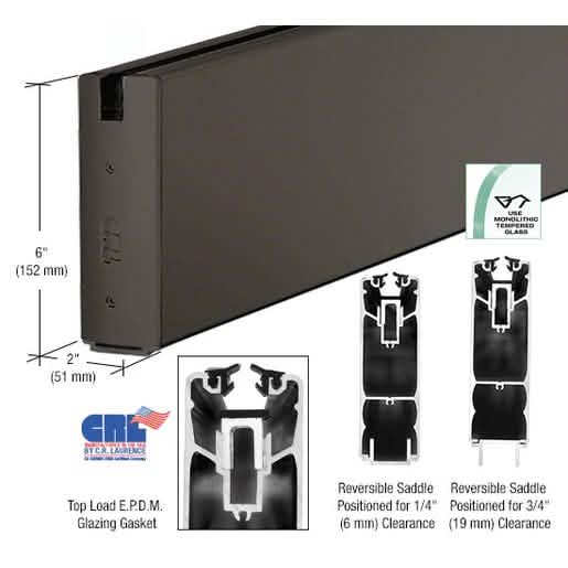 CRL Black Bronze Anodized Square Sidelite Rail 6"x120" for sleek, modern glass installatio