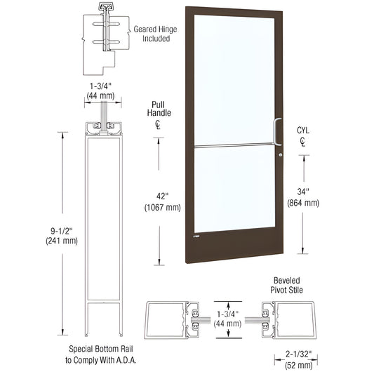 Commercial narrow-stile entrance door DE21822R036, black bronze anodized, ADA 9-1/2" bottom rail, push/pull hardware.