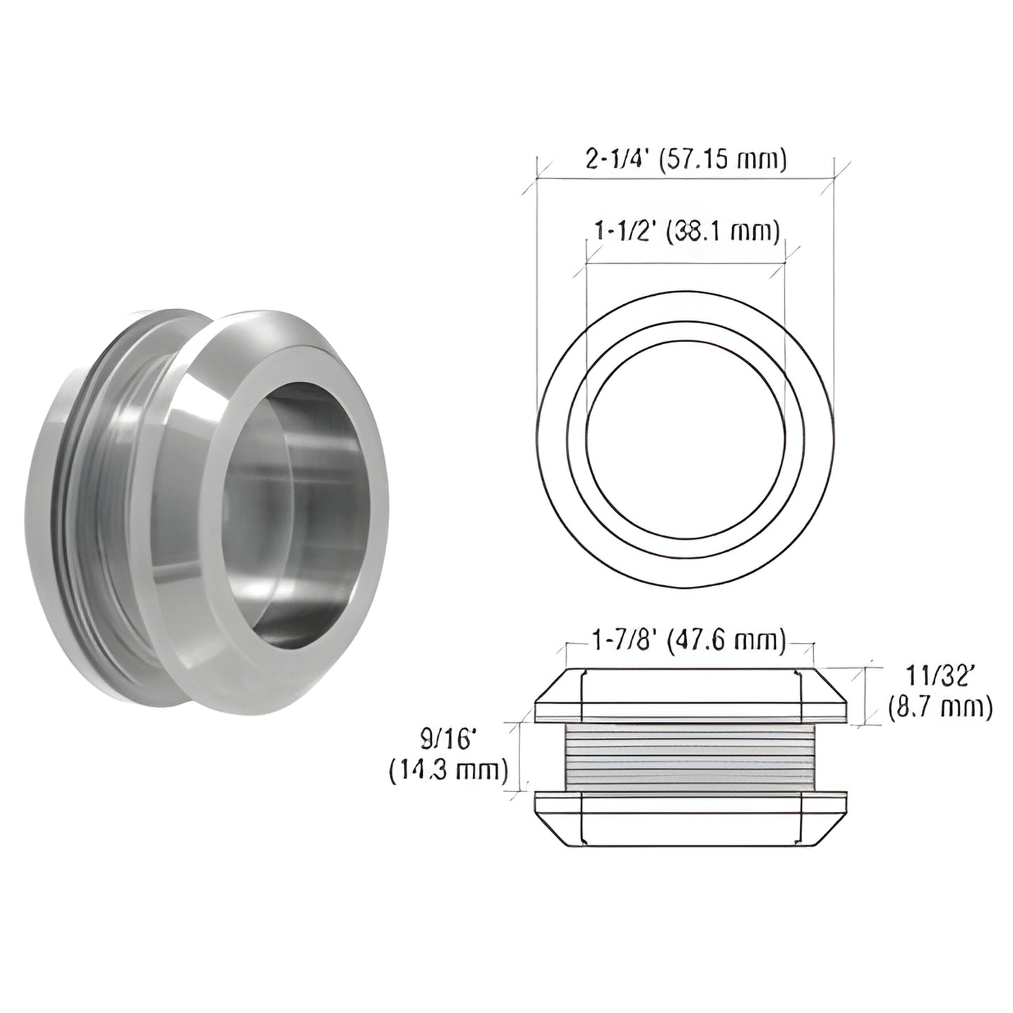 FP214BS Laguna recessed thru-glass pull, brushed stainless steel, 2-1/4" dia, fits 10-12mm glass, requires 48mm hole