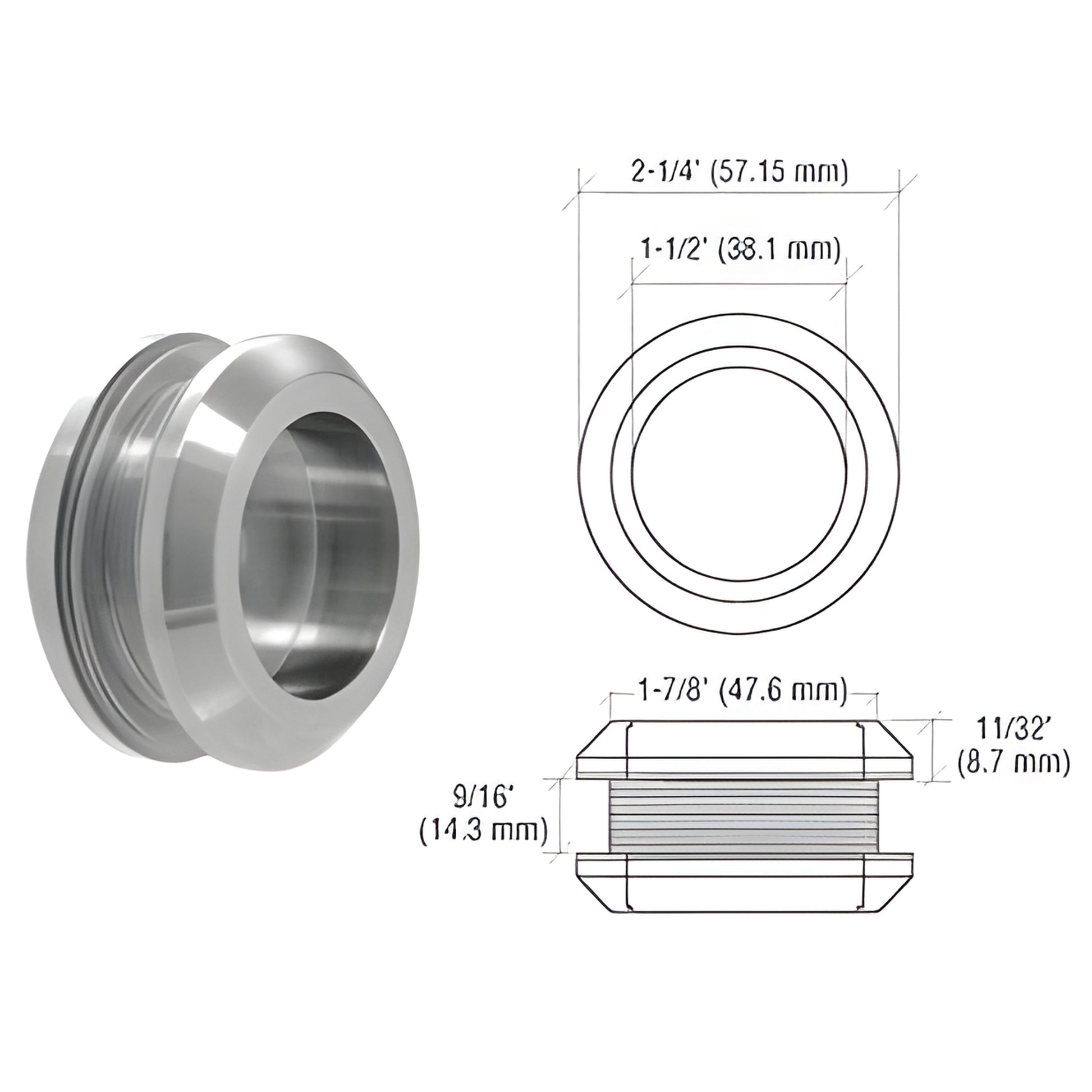 FP214BS Laguna recessed thru-glass pull, brushed stainless steel, 2-1/4" dia, fits 10-12mm glass, requires 48mm hole