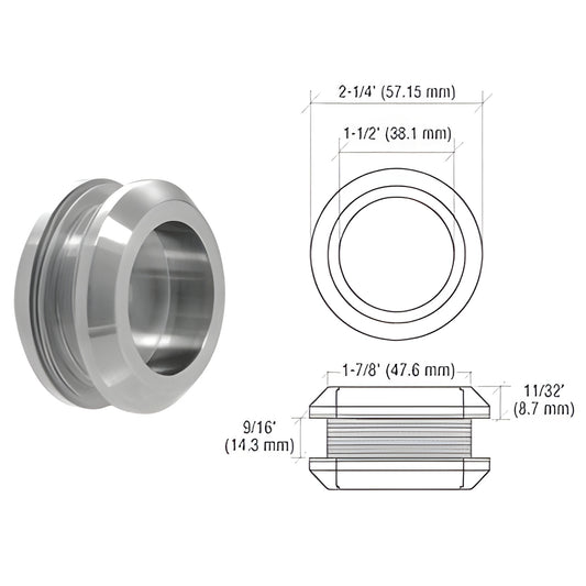 FP214BS Laguna recessed thru-glass pull, brushed stainless steel, 2-1/4" dia, fits 10-12mm glass, requires 48mm hole
