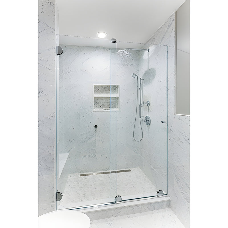 Frameless headerless sliding shower door kit (ESS1CH) with polished chrome bottom rollers, for 1/2" (12mm) tempered glass.