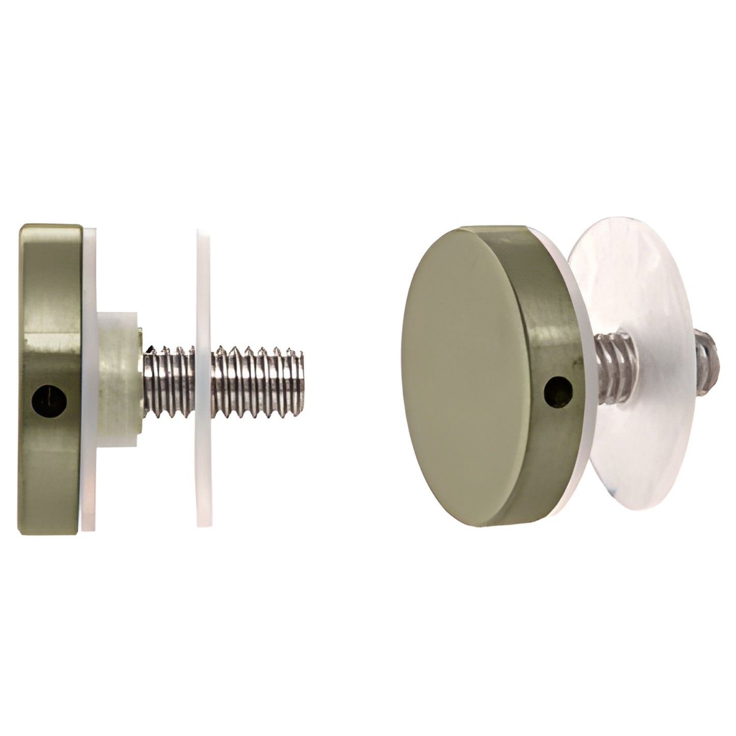 Brass 1-1/4" standoff cap assembly (SKU CAP114BBRZ), front and side views with threaded stud, washers and vinyl sleeve.