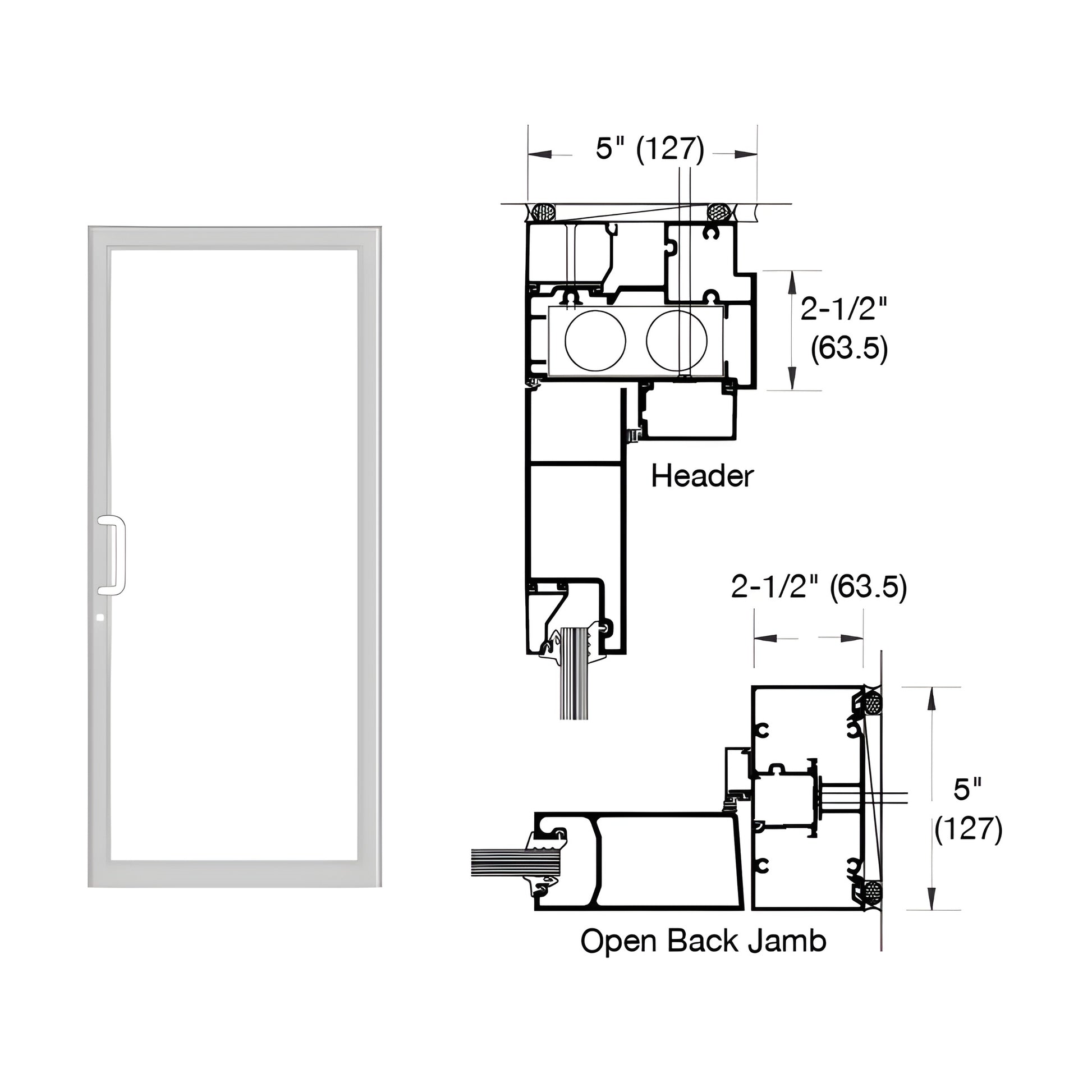 Clear anodized 2-1/2" x 5" up/over hurricane impact door frame with TH811 threshold, schematic. SKU 0F41911