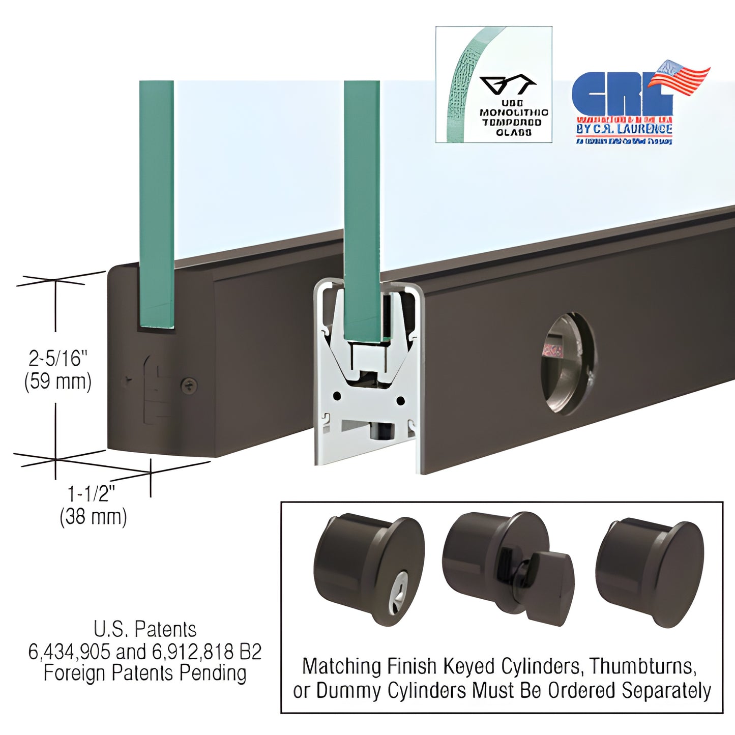 Oil rubbed bronze low-profile aluminum door rail with Wedge-Lock glass channel for 1/2" tempered glass, includes lock.