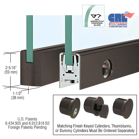 Oil rubbed bronze low-profile aluminum door rail with Wedge-Lock glass channel for 1/2" tempered glass, includes lock.
