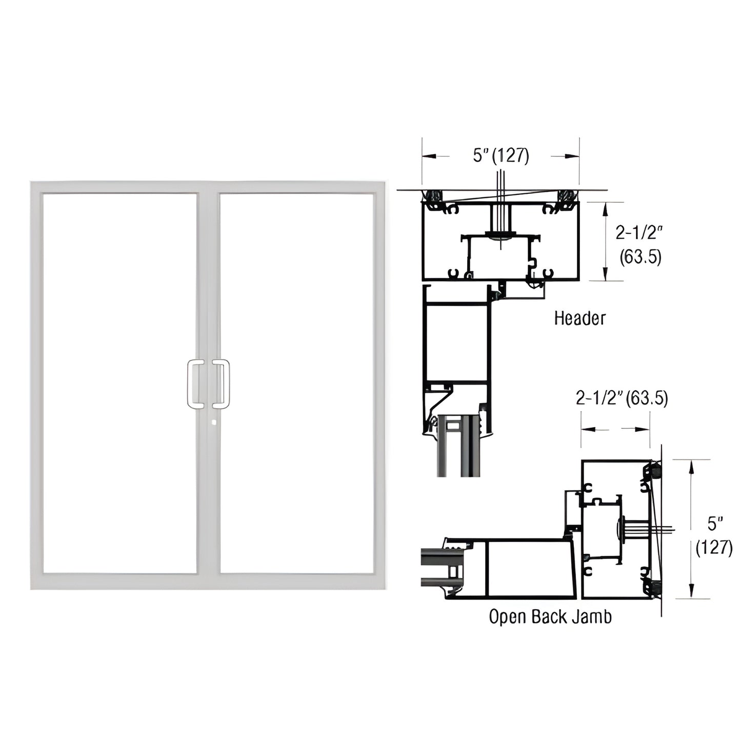 White Kynar custom double up/over hurricane impact door frame (SKU 0F72552), 2-1/2" x 5" jamb, air-resistant threshold.