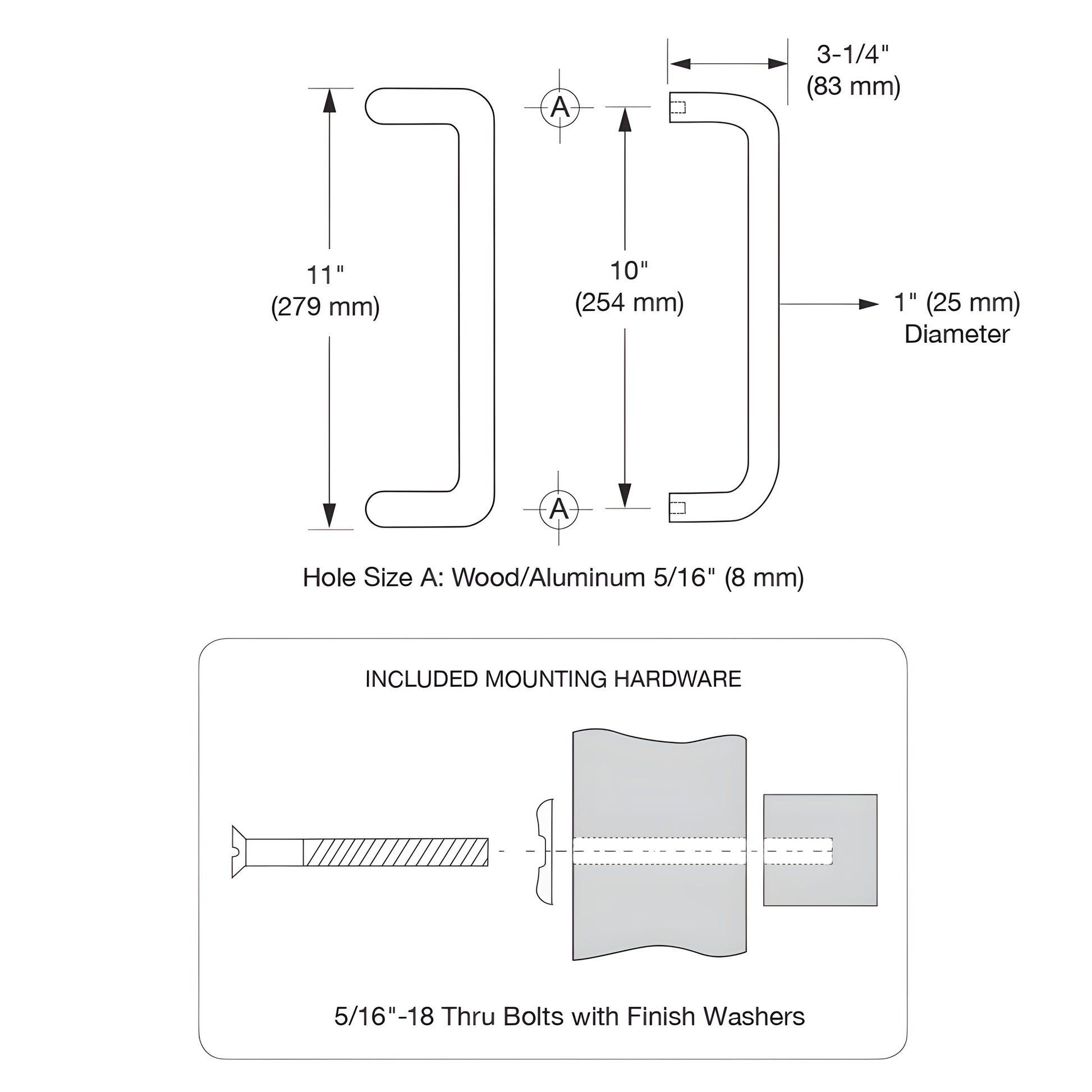 Brushed stainless steel 1" diameter single-sided offset pull handle with two thru-bolts, SKU M1741032D.