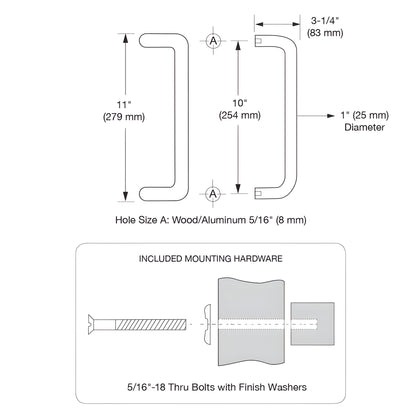 Brushed stainless steel 1" diameter single-sided offset pull handle with two thru-bolts, SKU M1741032D.