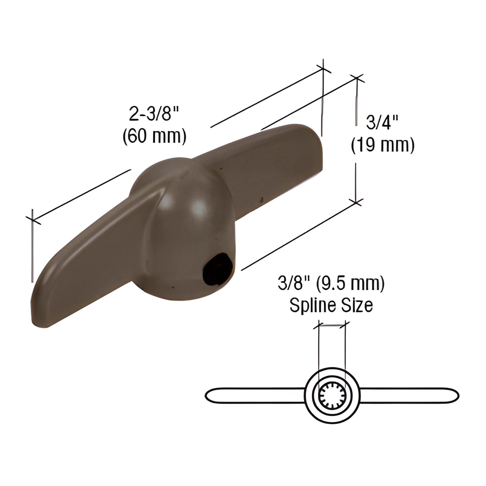 Bronze diecast T-crank window handle (SKU H3625), 2-3/8" long, 3/4" high, 3/8" spline - pair.