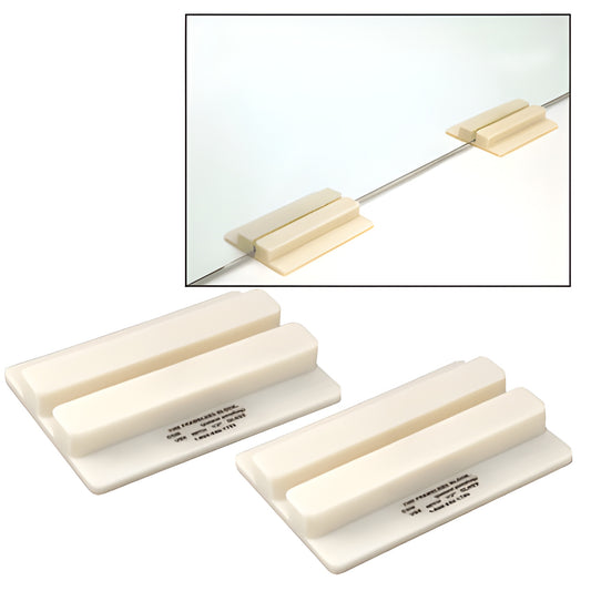 Two cream U-shaped setting blocks for 1/2" (12mm) frameless glass-FB12G, used to set, align and protect shower door edges.