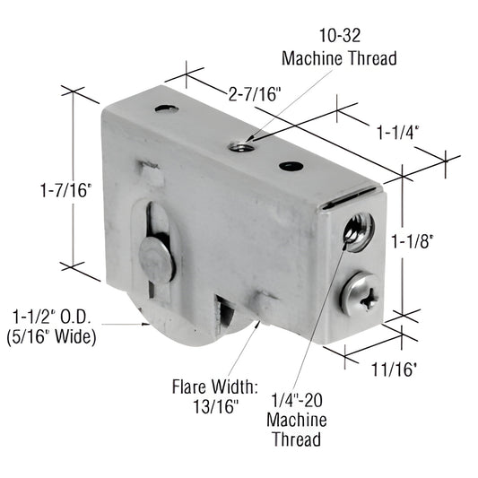 D1948 stainless steel adjustable single-roller sliding glass door assembly, corrosion resistant, 1-1/2 OD roller.