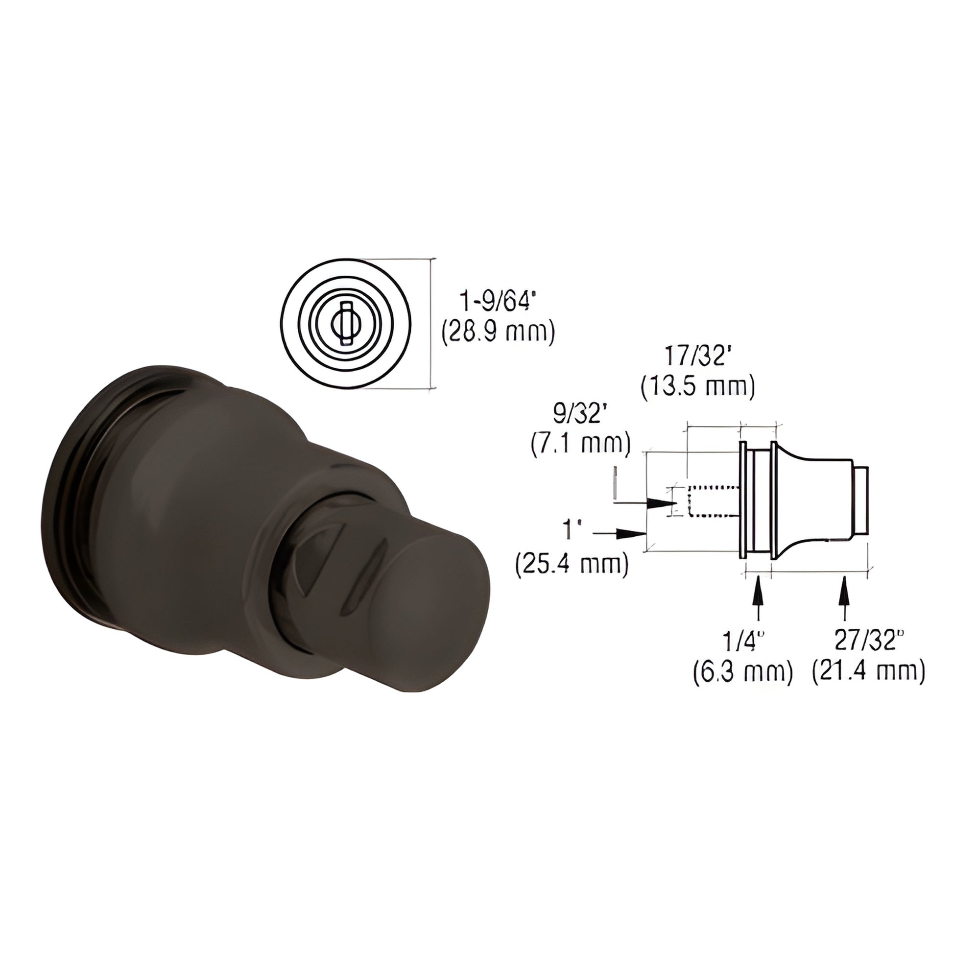 Dark bronze anodized aluminum glass cabinet lock/knob (SKU LK49DU) for 1/4" (6mm) bypass doors, requires 1" hole.