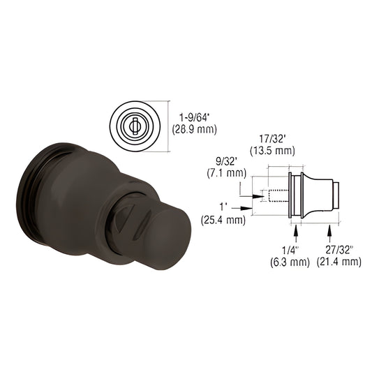 Dark bronze anodized aluminum glass cabinet lock/knob (SKU LK49DU) for 1/4" (6mm) bypass doors, requires 1" hole.