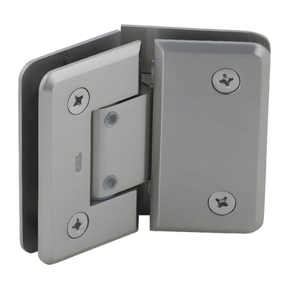 P1N345BN adjustable brushed-nickel glass-to-glass shower hinge, solid brass, fits 8-12mm (5/16-1/2") tempered glass