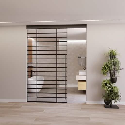 CRL70 Matte Black Sliding Door Kit: Ceiling Mount, Fixed Panel, Modern Bathroom Design