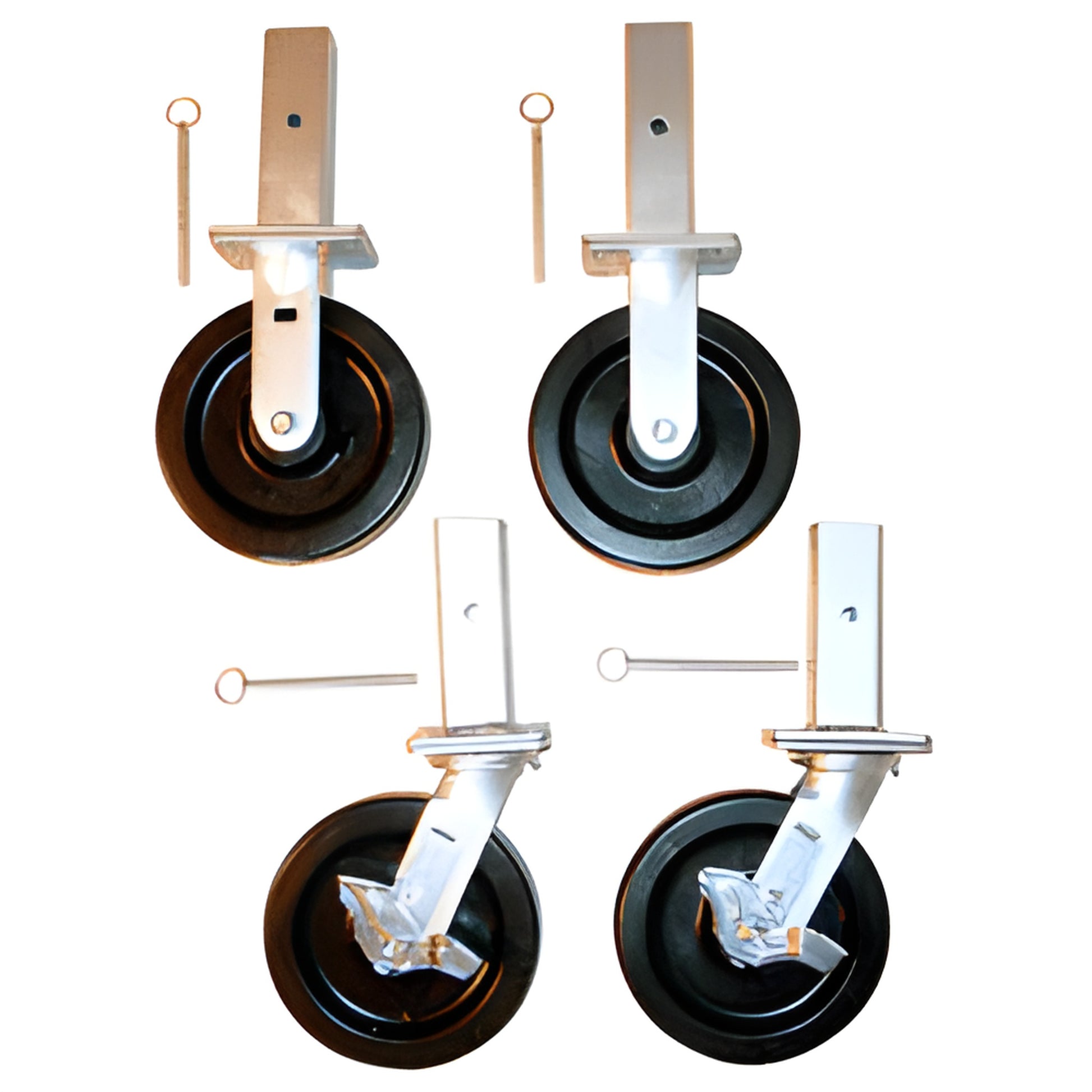 Set of four heavy-duty 8-inch black solid casters (2 swivel, 2 fixed) with square metal mounts and quick-release pins
