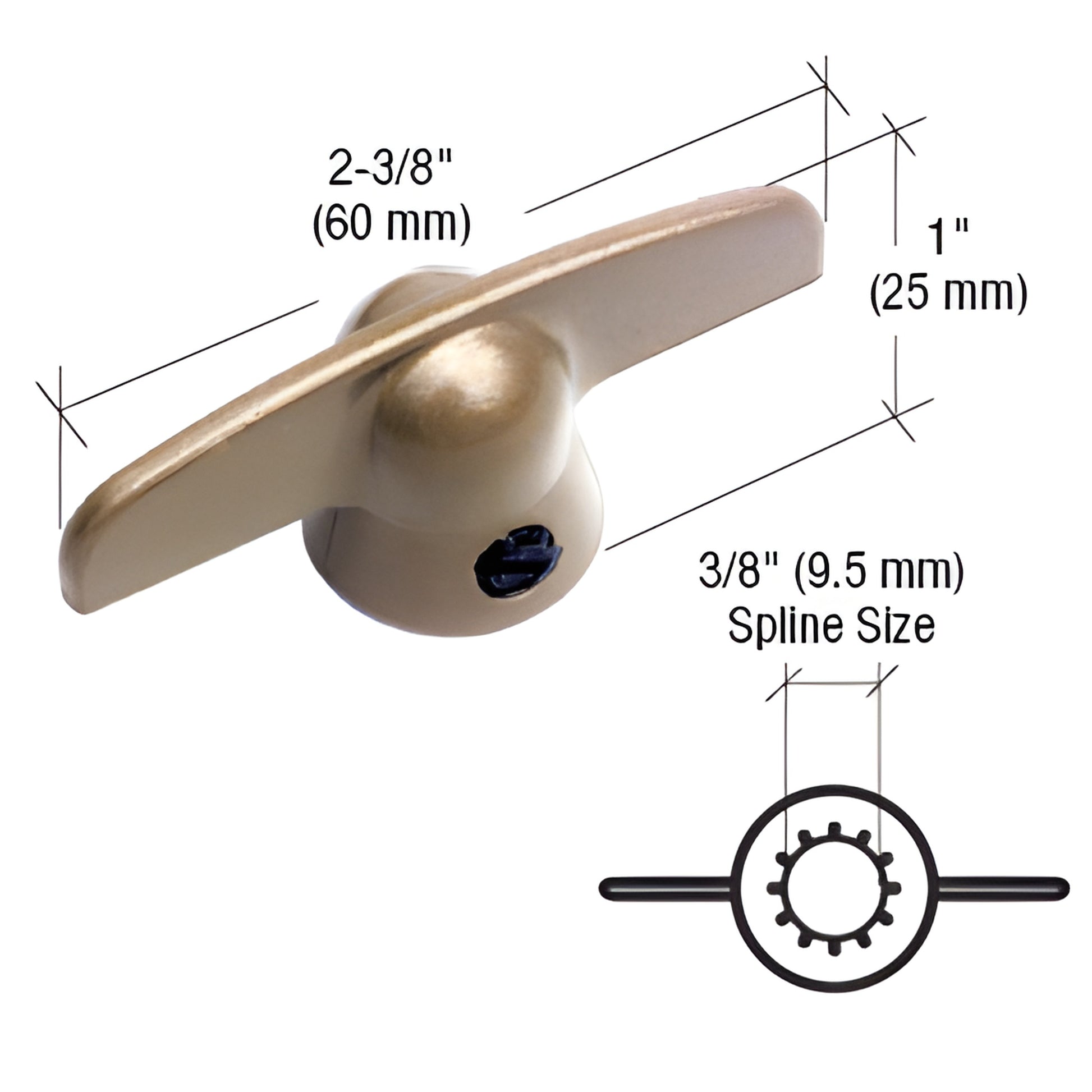 Coppertone diecast T-crank window operator handle, 2-3/8" long, 1" high, 3/8" spline - Pella replacement, SKU H3813.