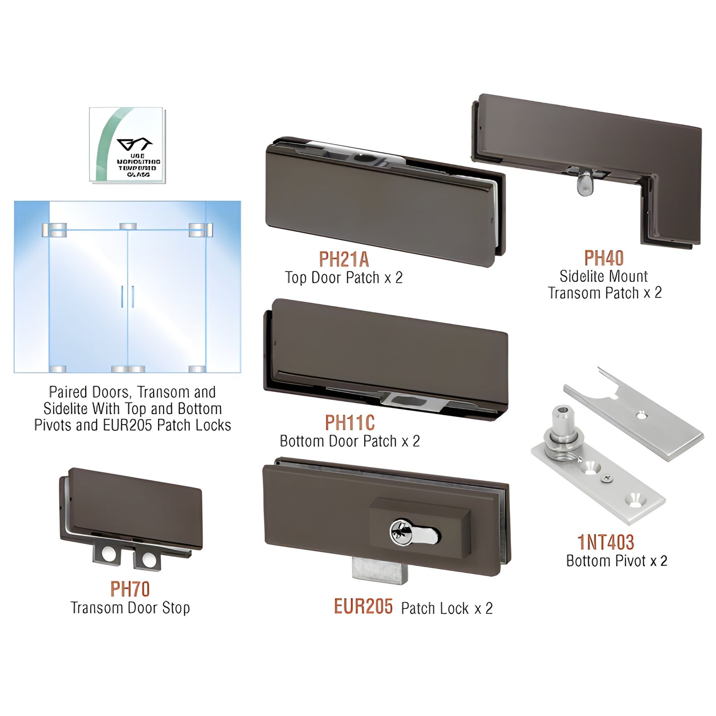 CRL PHE8LDU European double glass door hardware kit, black bronze patches, pivots, transom stop and optional EUR205 locks.