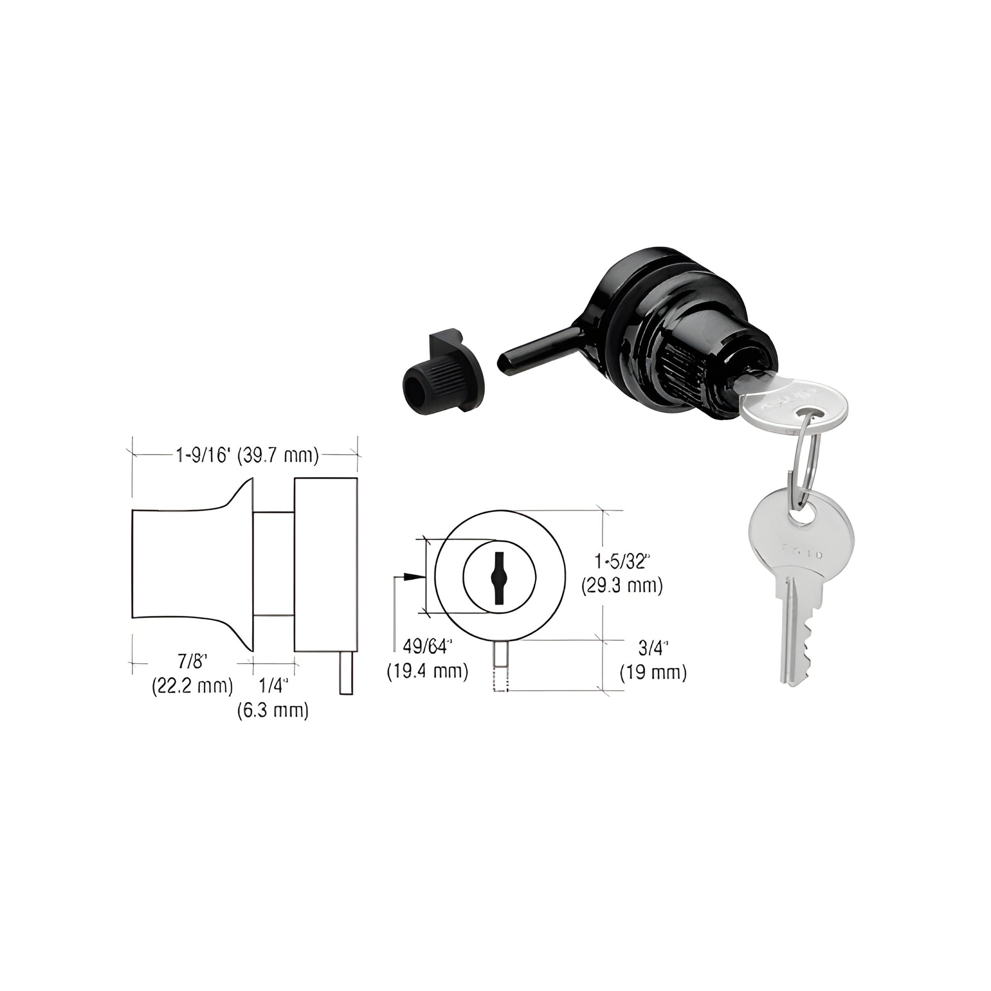 Black chrome thru-glass plunger lock with keys and drilling diagram, fits 3/16 -1/4 glass - SKU 0910BCKA
