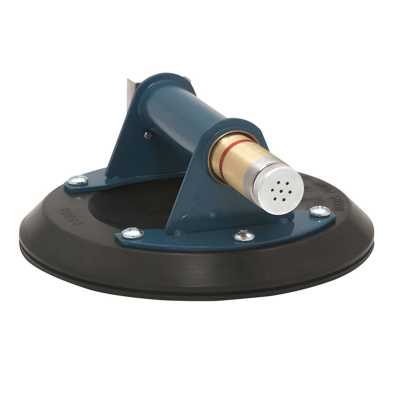 An 8-inch Wood's Powr-Grip vacuum cup with a blue metal handle and an integrated low vacuum audio alarm.