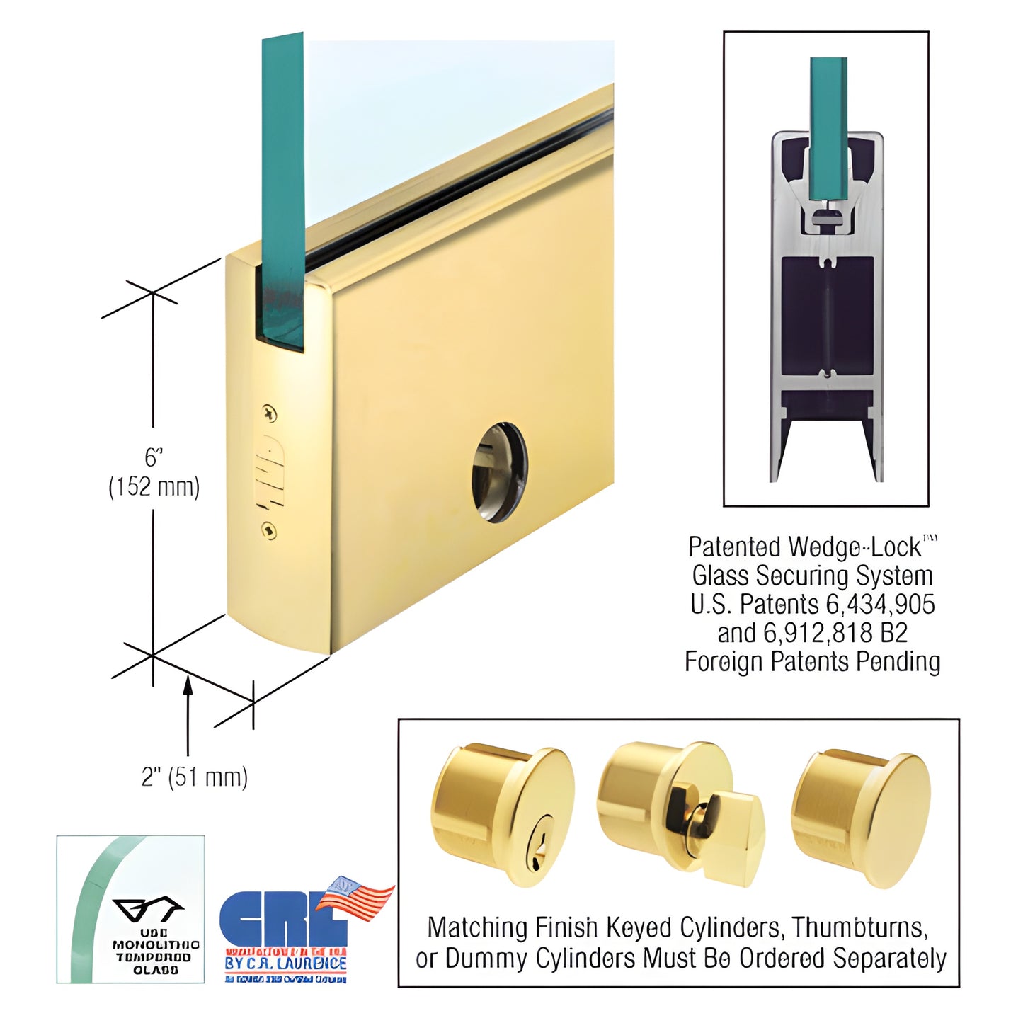 Satin brass Wedge-Lock door rail 6 in x 2 in for 3/8 in glass, includes lock SKU DR6SSB38CL