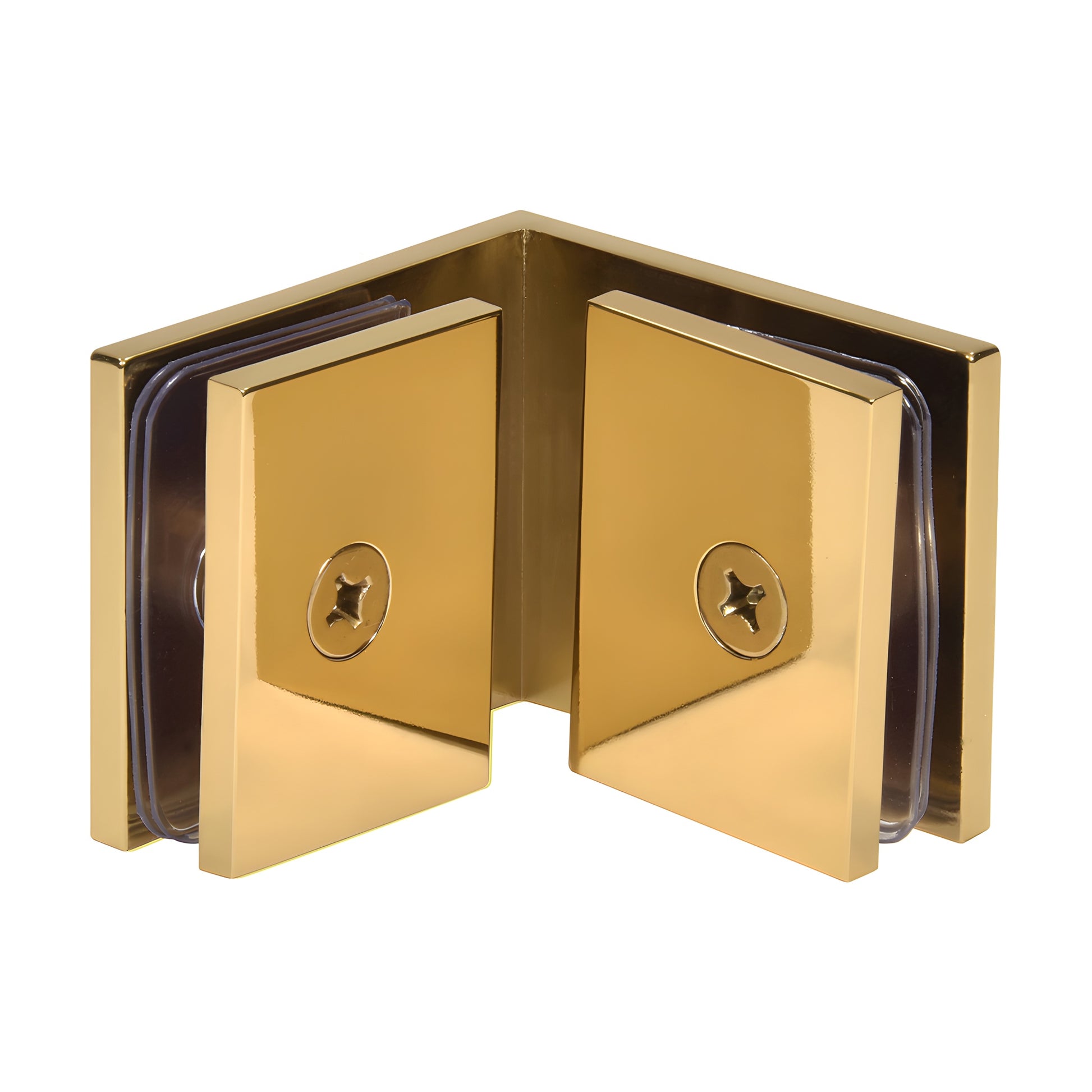 SGC90BR polished brass 90 square glass-to-glass clamp for 3/8-1/2" (10-12mm) frameless shower panels