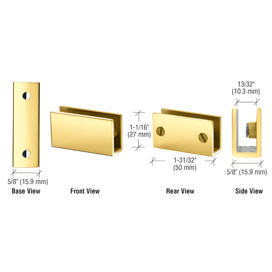EH40 polished brass rectangular glass shelf clamp, 50 16 25mm, no-drill mount for 6-8mm glass, two plastic-tipped set screws.