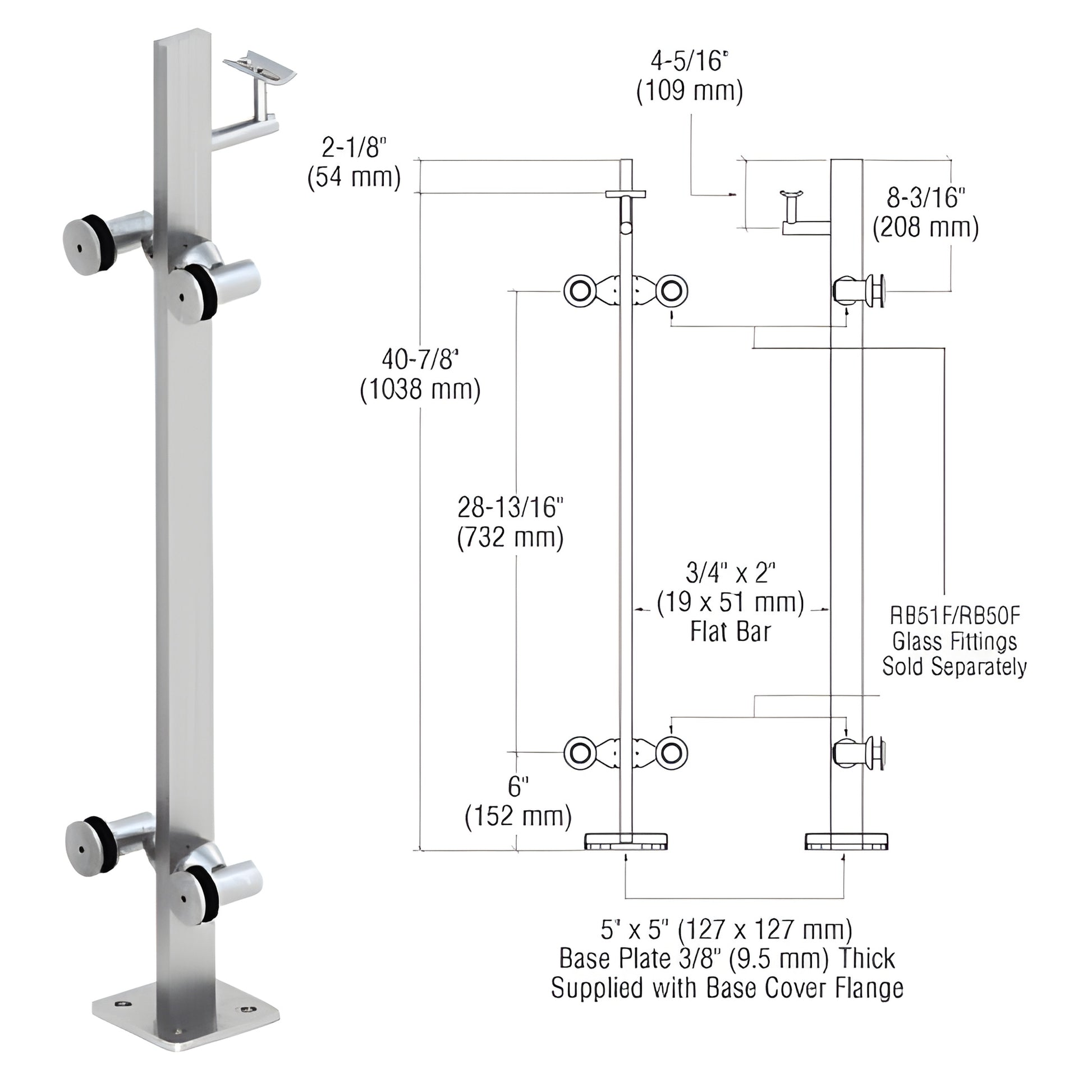 P342CBS stainless steel surface-mounted glass railing post with 5"x5" base plate; glass fittings sold separately