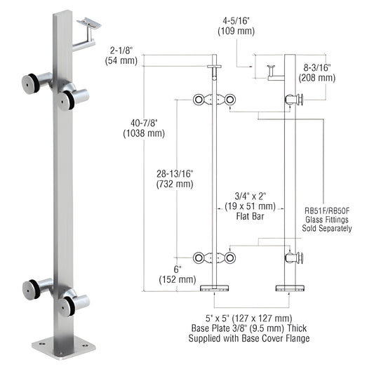 P342CBS stainless steel surface-mounted glass railing post with 5"x5" base plate; glass fittings sold separately