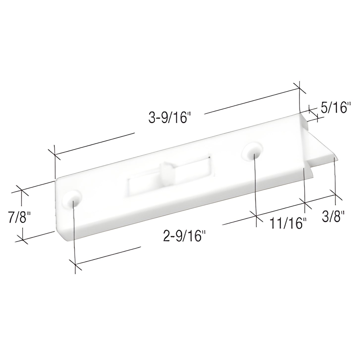 White plastic slim tilt window latch (SKU F2671), spring-loaded 7/8" wide, dimensions shown - replacement for thin sash alumi