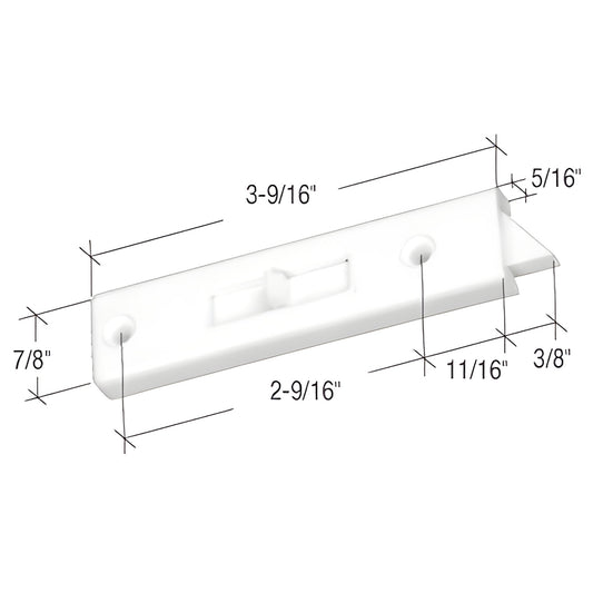 White plastic slim tilt window latch (SKU F2671), spring-loaded 7/8" wide, dimensions shown - replacement for thin sash alumi