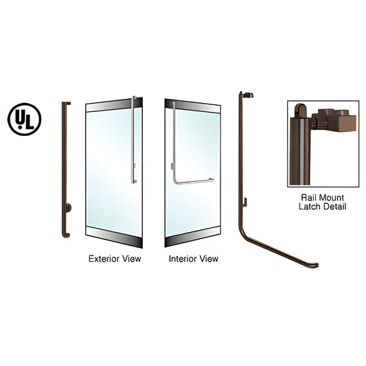 Oil rubbed bronze rail-mount panic handle for glass doors, tubular 1-1/4 in vertical bar with top latch (SKU PA100J4RK0RB)