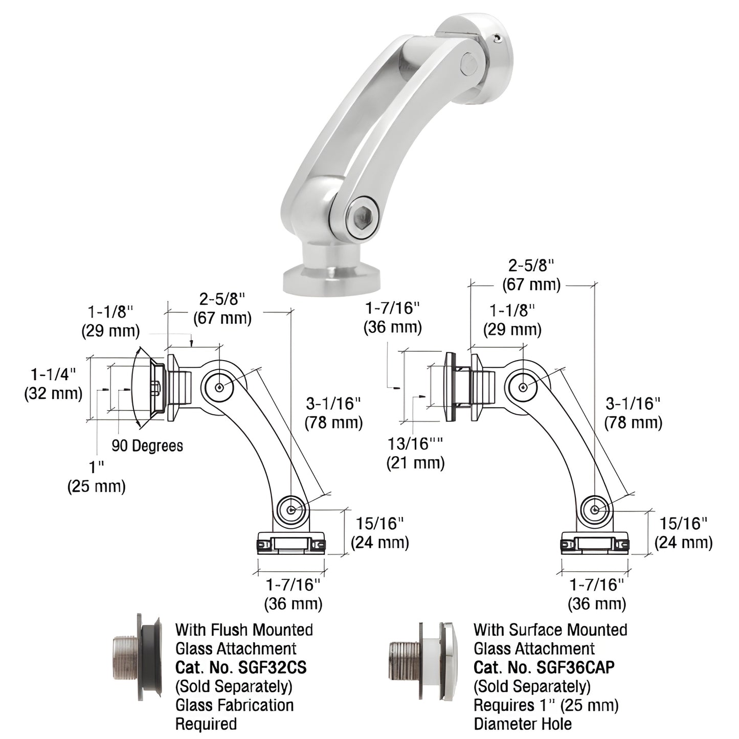 SGF01BGW dual-pivot glass-to-wall/floor swivel fitting, brushed 316 stainless steel, fits 3/8-1/2" (10-12 mm) glass