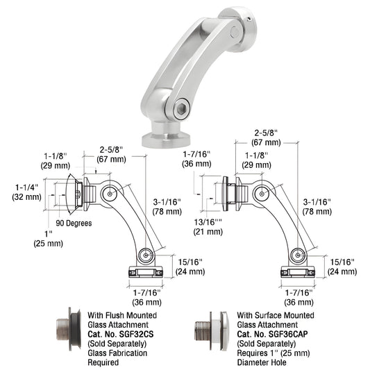 SGF01BGW dual-pivot glass-to-wall/floor swivel fitting, brushed 316 stainless steel, fits 3/8-1/2" (10-12 mm) glass