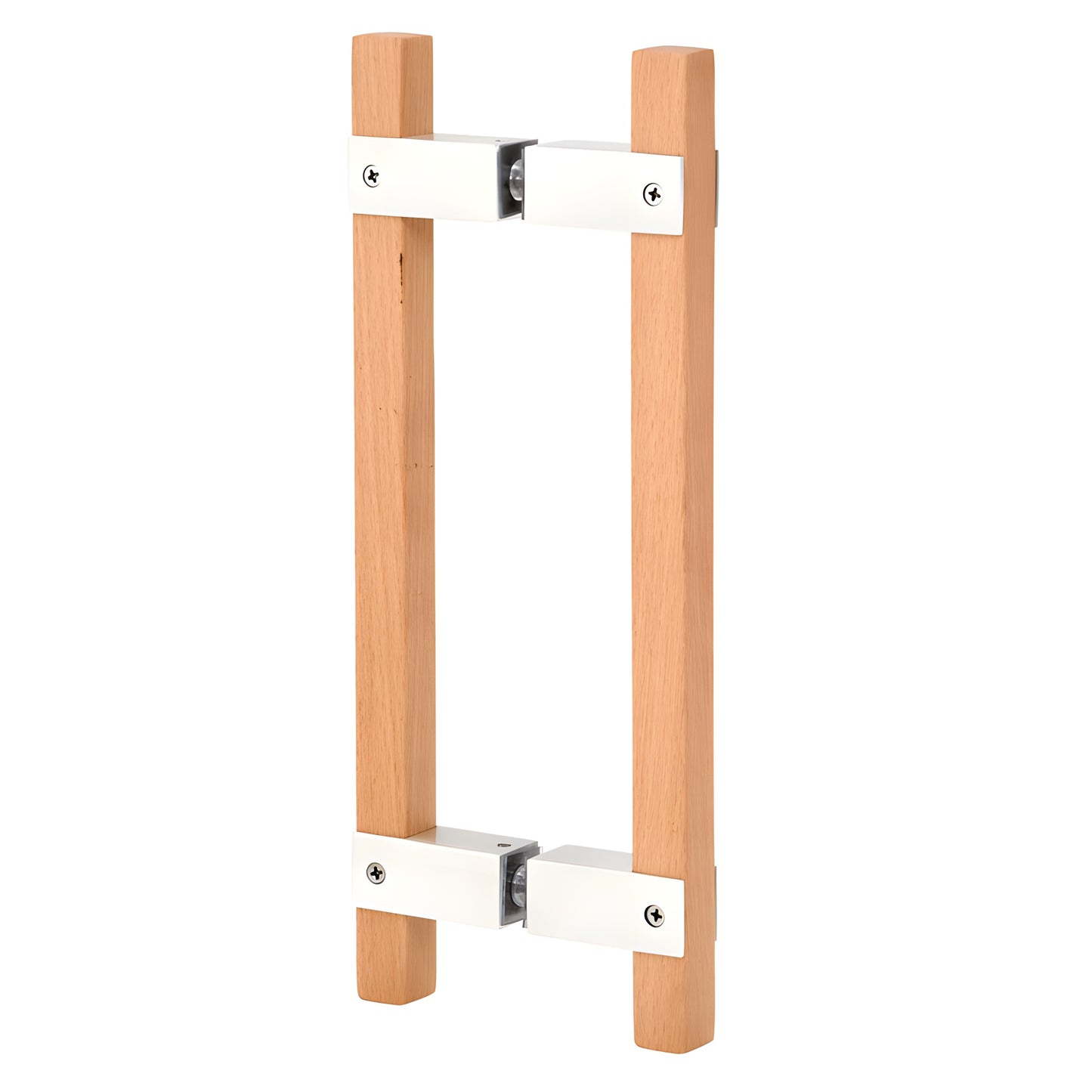 Beech wood back-to-back sauna door pull with polished stainless steel mounts, SKU SA6X6PS