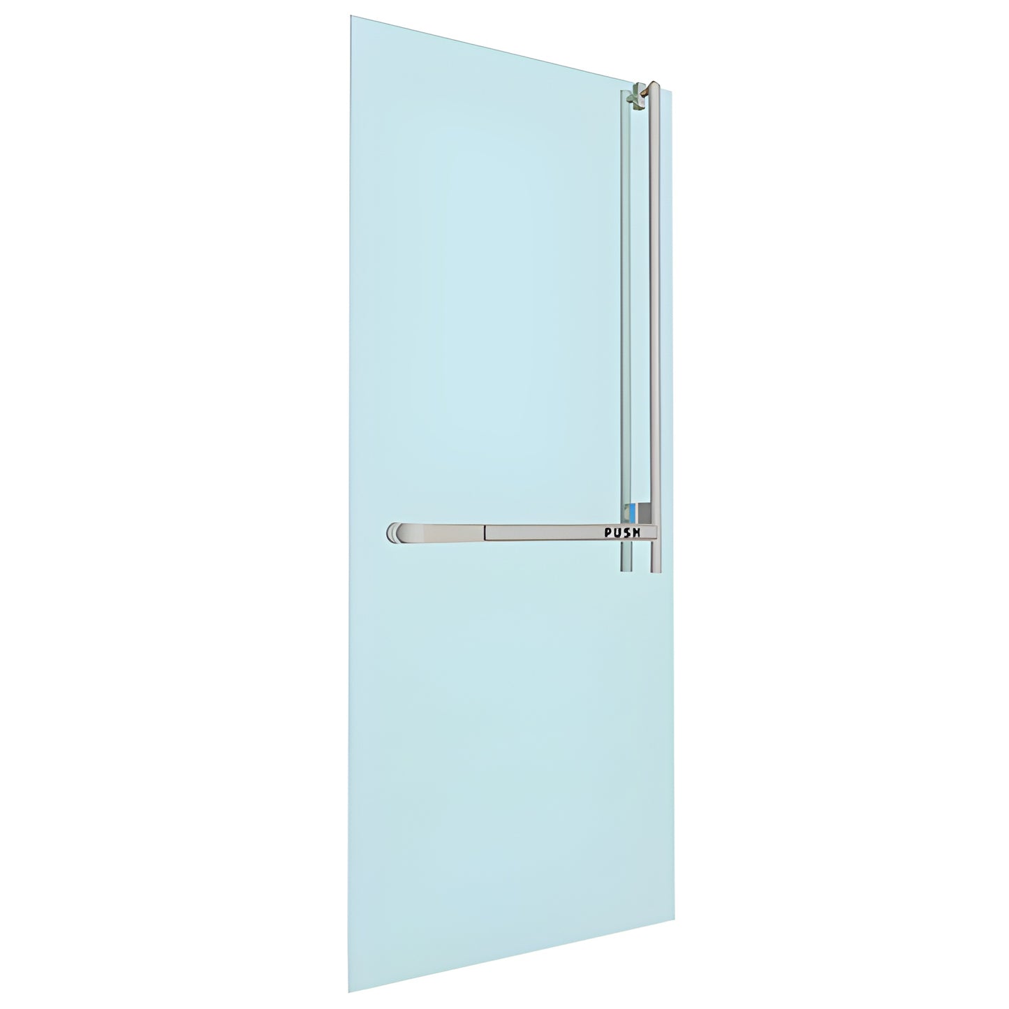 Glass door mounted Blumcraft PA320 panic bar, brushed stainless narrow crash bar with vertical tube, right-hand reverse