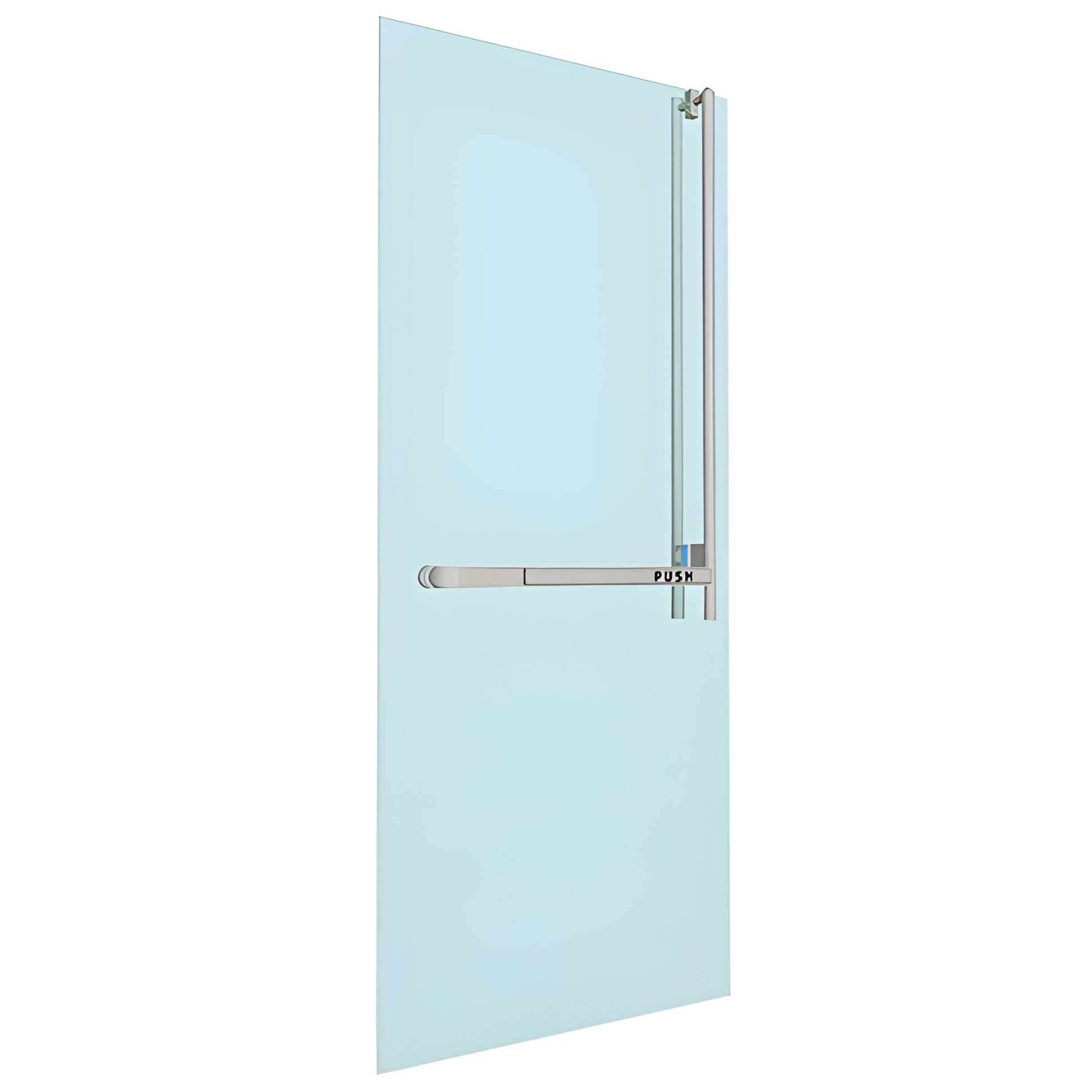 Glass door mounted Blumcraft PA320 panic bar, brushed stainless narrow crash bar with vertical tube, right-hand reverse