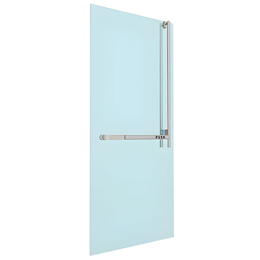 Glass door mounted Blumcraft PA320 panic bar, brushed stainless narrow crash bar with vertical tube, right-hand reverse