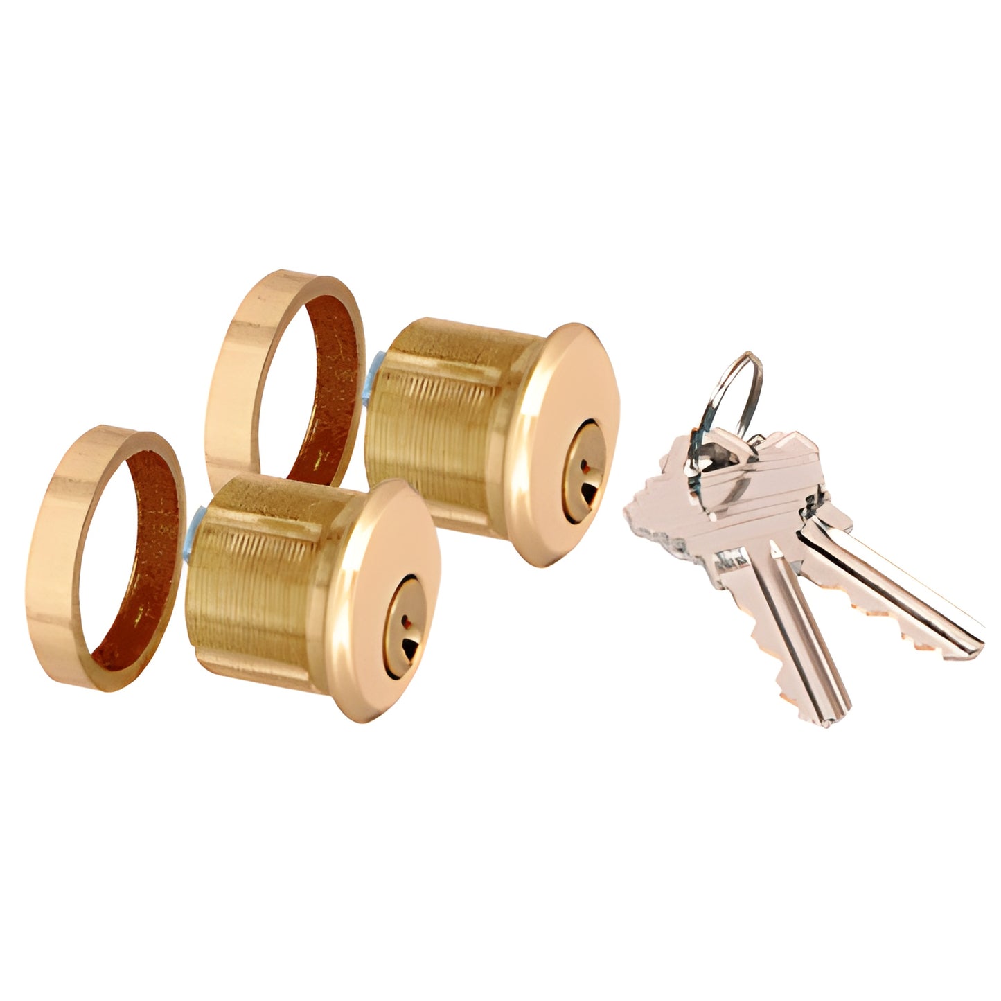 Polished brass patch lock cylinders with trim rings and keys (AMR205CCBR), 29mm diameter