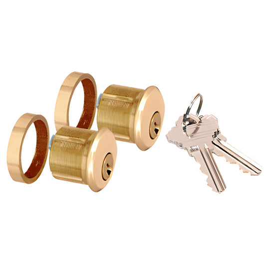 Polished brass patch lock cylinders with trim rings and keys (AMR205CCBR), 29mm diameter