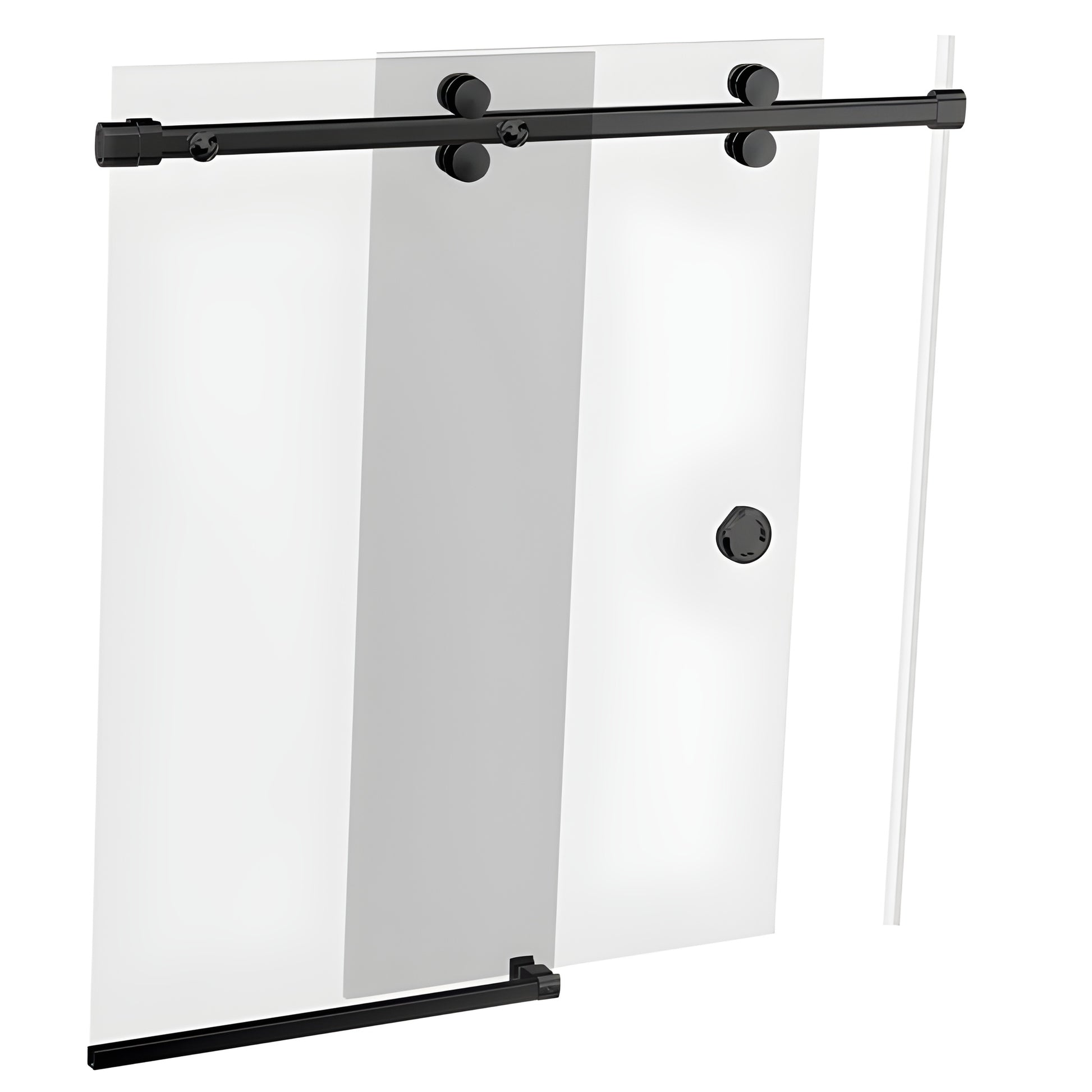 BR178MBL matte-black Bristol frameless sliding shower door system with one sliding panel, one fixed panel, top rollers.