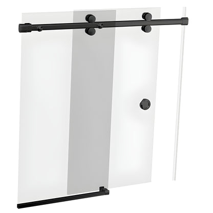 BR178MBL matte-black Bristol frameless sliding shower door system with one sliding panel, one fixed panel, top rollers.